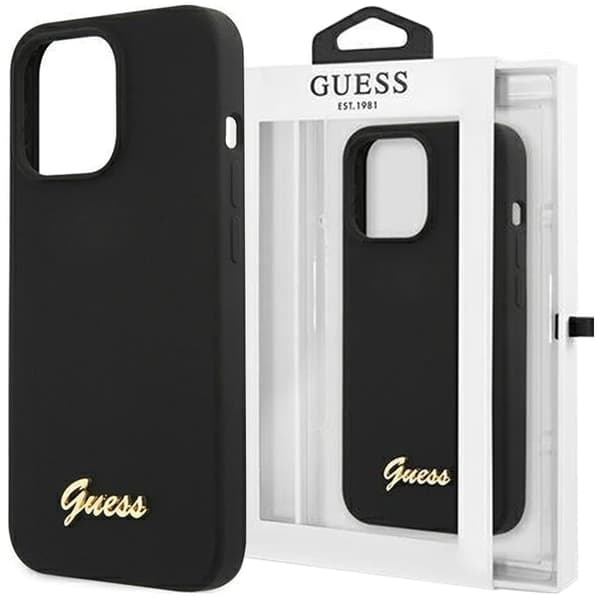 Guess GUHMP13MSLLMGBK iPhone 13 6.1 svart/svart hardt deksel Silikon Script Gull Logo Magsafe