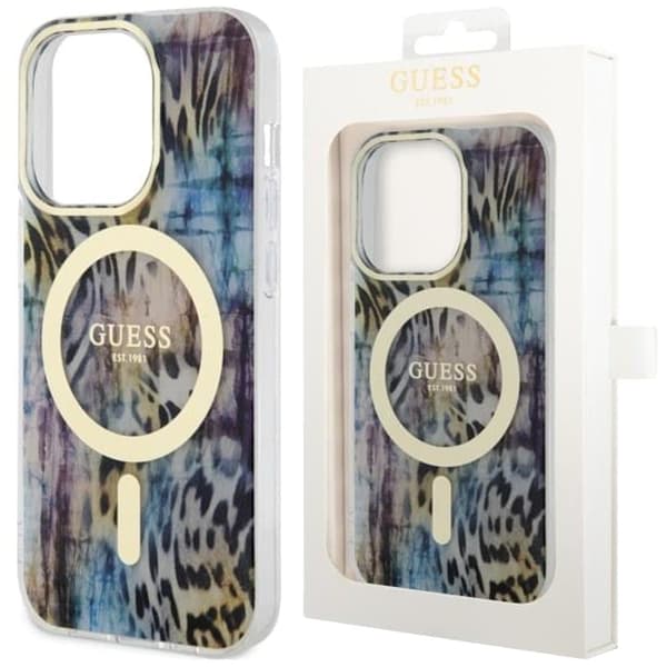 Guess GUHMP14LHLEOPWB-deksel til iPhone 14 Pro - blå Leopard MagSafe