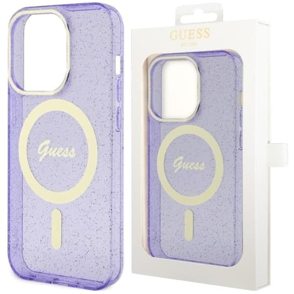 Guess GUHMP14SHCMCGU-deksel til iPhone 14 lilla/lilla hardt deksel Glitter Gold MagSafe