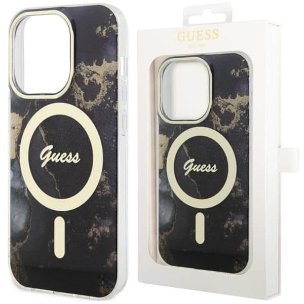 Guess GUHMP14SHTMRSK deksel til iPhone 14 - svart Golden Marble MagSafe