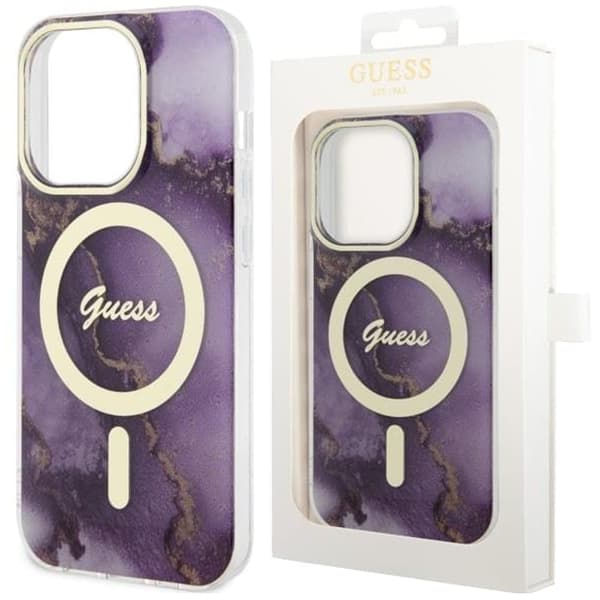 Guess GUHMP14SHMTMRSU-deksel til iPhone 14 lilla/lilla hardt deksel Golden Marble MagSafe