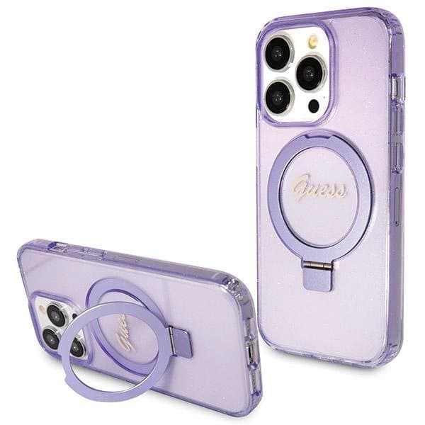 Guess Ring Stand Script Glitter MagSafe suojakuori iPhone 13 Prolle / 13 - violetti