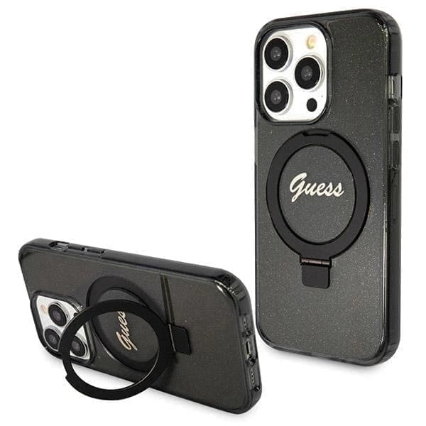Guess Ring Stand Script Glitter MagSafe suojakuori iPhone 13 Prolle / 13 - musta