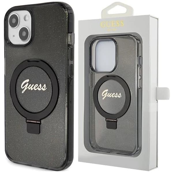 Guess Ring Stand Script Glitter MagSafe beskyttelsesdeksel til iPhone 15 - svart