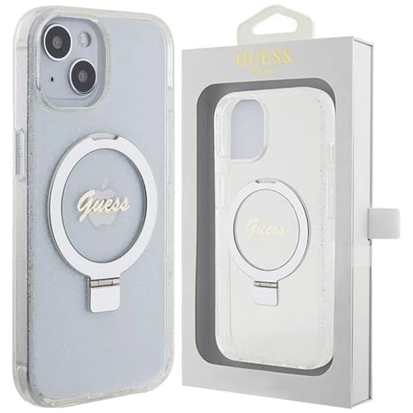 Guess Ring Stand Script Glitter MagSafe Beskyttelsesveske til iPhone 15/14/13 - Gjennomsiktig