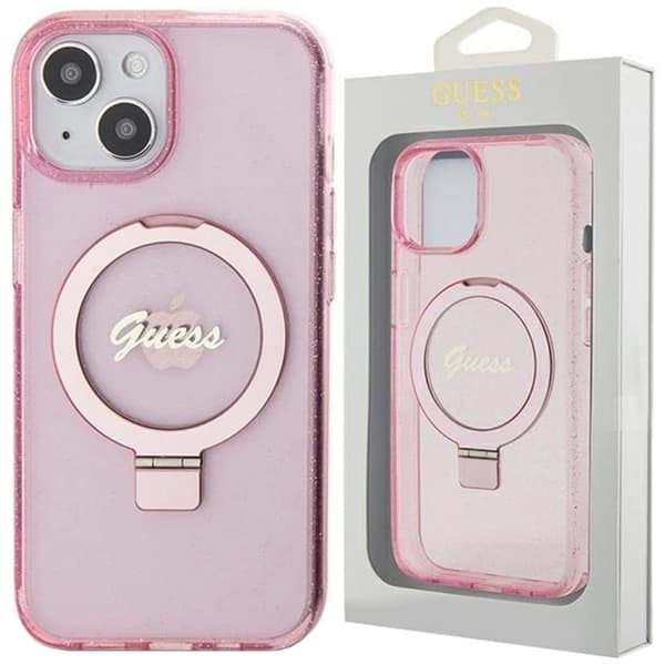 Guess Ring Stand Script Glitter MagSafe beskyttelsesdeksel for iPhone 15 Plus / 14 Plus - rosa
