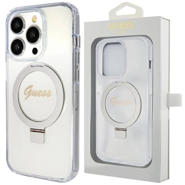 Guess Ring Stand Script Glitter MagSafe deksel til iPhone 15 Pro - gjennomsiktig
