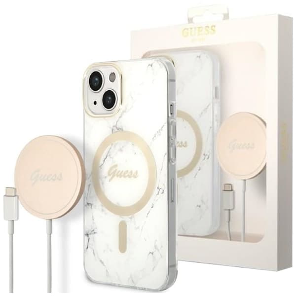 Guess sett MagSafe lader + etui for iPhone 14 Plus 6.7 hvit marmortelefon (GUBPP14MHMEACSH)