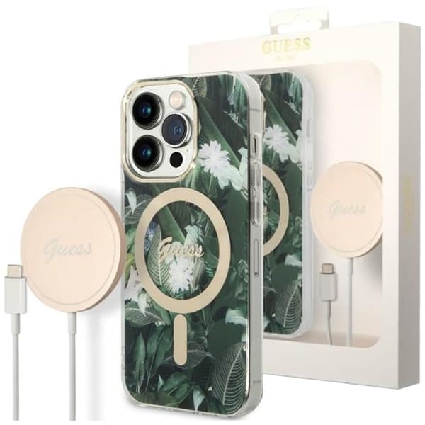 Guess sett MagSafe lader + etui iPhone 14 Pro 6.1 grønn Jungle (GUBPP14LHJEACSA)