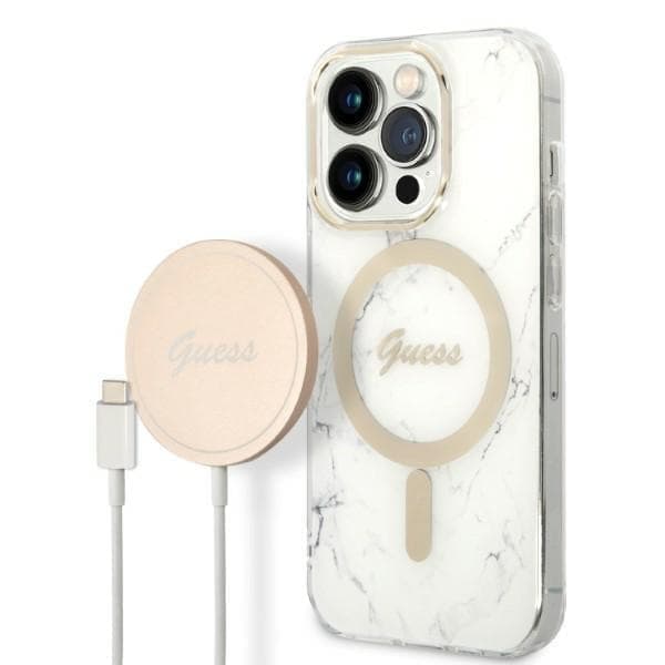 Guess sett MagSafe lader + deksel til iPhone 14 Pro 6.1 hvit marmor (GUBPP14LHMEACSH)