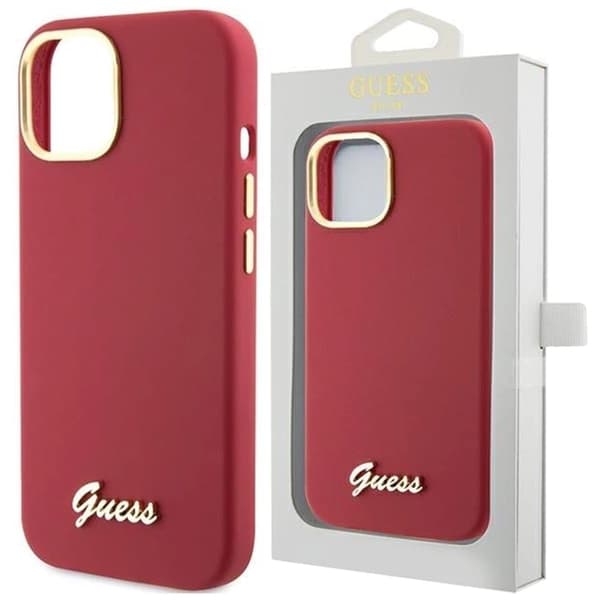 Guess Silicone Script Metal Logo & Frame Deksel til iPhone 15 - Rød