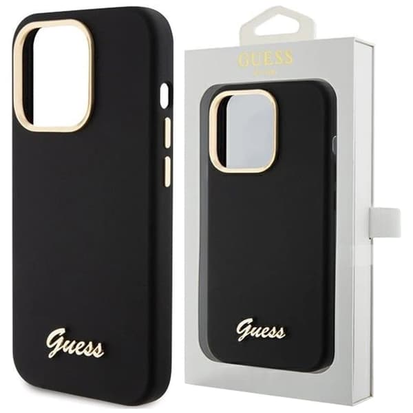 Guess Silicone Script metalllogo- og rammedeksel til iPhone 15 Pro - Svart