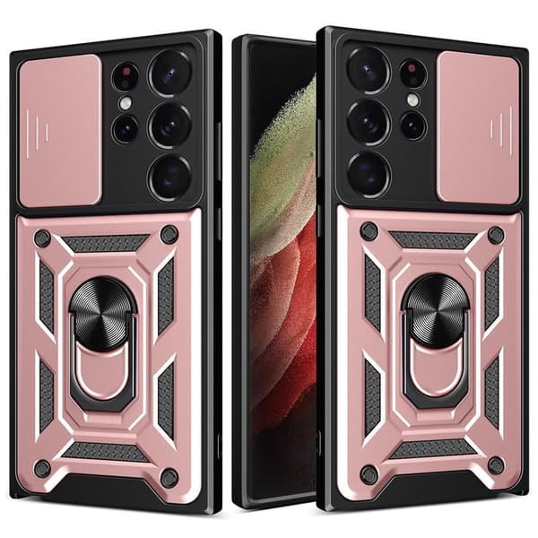 Hybrid Armor Camshield-deksel Samsung Galaxy S23 Ultra Armored Cover med kamerabeskyttelse Rosa