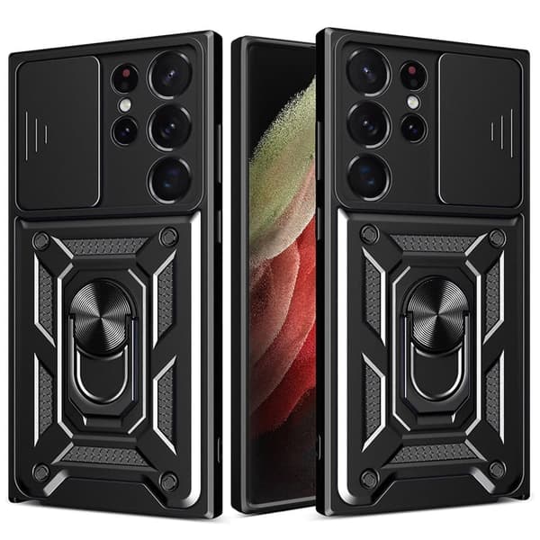 Hybrid Armor Camshield-deksel Samsung Galaxy S23 Ultra Armored Cover med kamerabeskyttelse svart