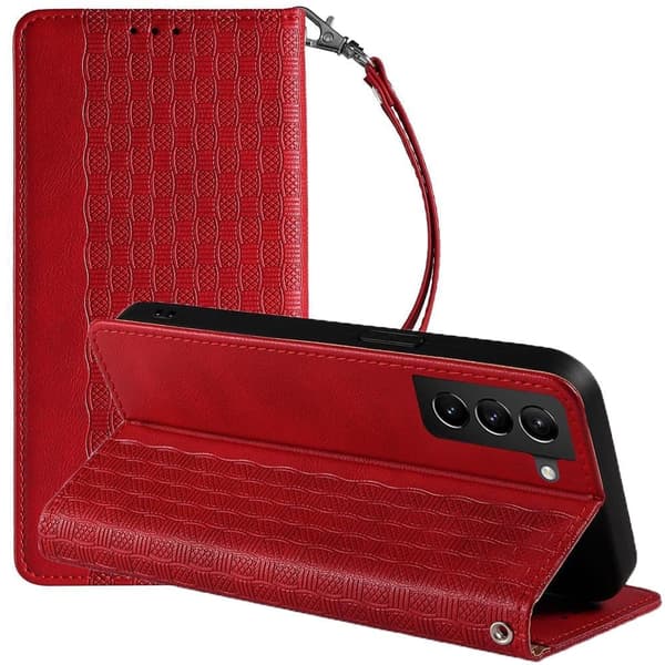 Magnetisk stroppdeksel for Samsung Galaxy S22+ (S22 Plus) lommebokbeskytter + anheng med minibånd rød