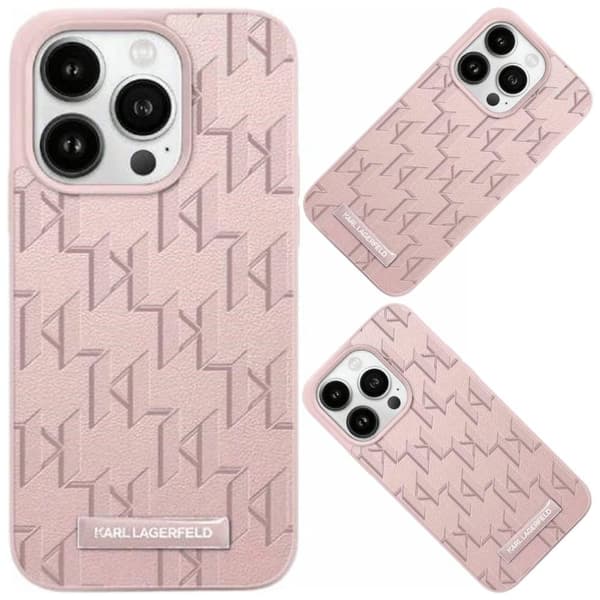Karl Lagerfeld Leather Monogram Metal Logo beskyttelsesdeksel til iPhone 15 Pro - rosa
