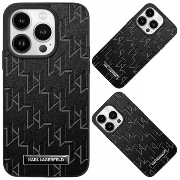 Karl Lagerfeld Skinn Monogram Metal Logo Deksel til iPhone 15 Pro Max - Svart