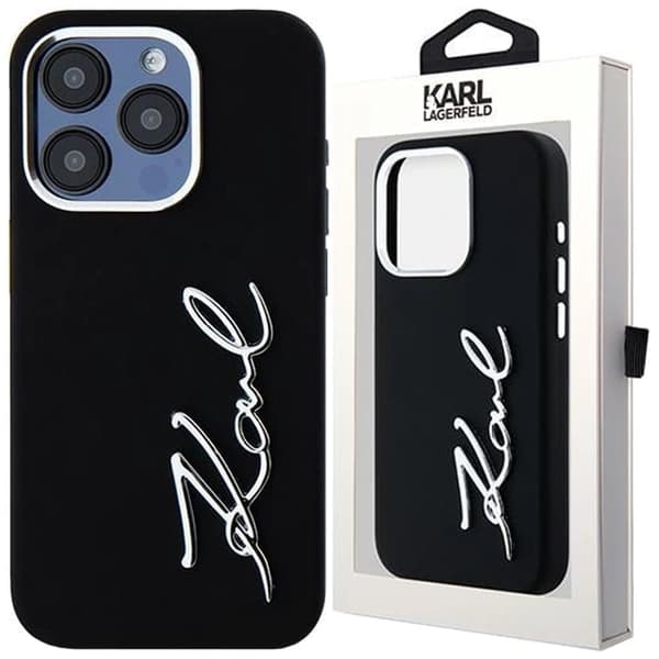 Karl Lagerfeld Silikon Metal Script Logo Deksel til iPhone 15 Pro - Svart