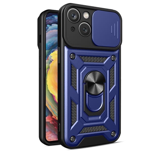Hybrid Armour Camshield iPhone 14-deksel, pansret deksel med kameradeksel, blå