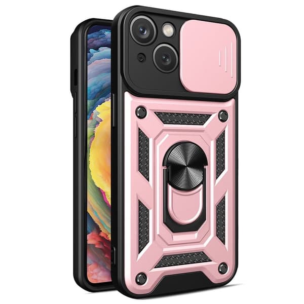 Hybrid Armour Camshield pansret deksel med stativ og kameradeksel til iPhone 15 - rosa