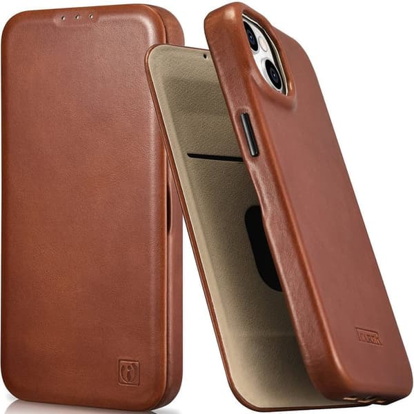 iCarer CE Oil Wax Premium lærfolieveske iPhone 14 Plus lær Flip-veske magnetisk MagSafe brun (AKI14220707-BN)