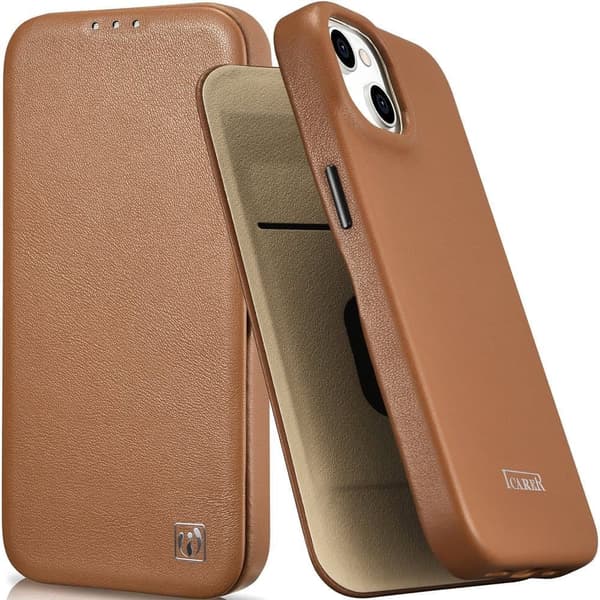 iCarer CE Premium beskyttelsesveske i skinn iPhone 14 skinndeksel, magnetisk MagSafe brun (WMI14220713-BN)