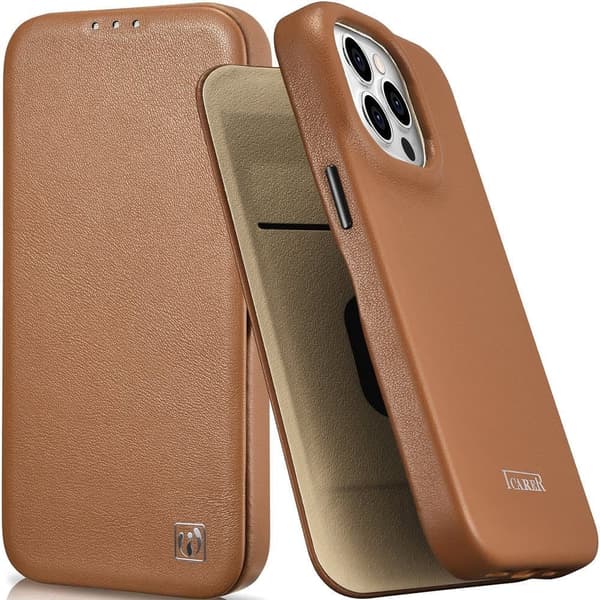 iCarer CE Premium lær folieveske iPhone 14 Pro lær Klappveske magnetisk MagSafe brun (WMI14220714-BN)