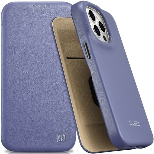 iCarer CE Premium skinnbeskyttende veske iPhone 14 Pro lær Flip-veske magnetisk MagSafe lys lilla (WMI14220714-LP)