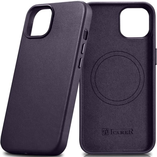 iCarer Case Lærveske naturlig skinnveske til iPhone 14 Plus mørk lilla (kompatibel med MagSafe)