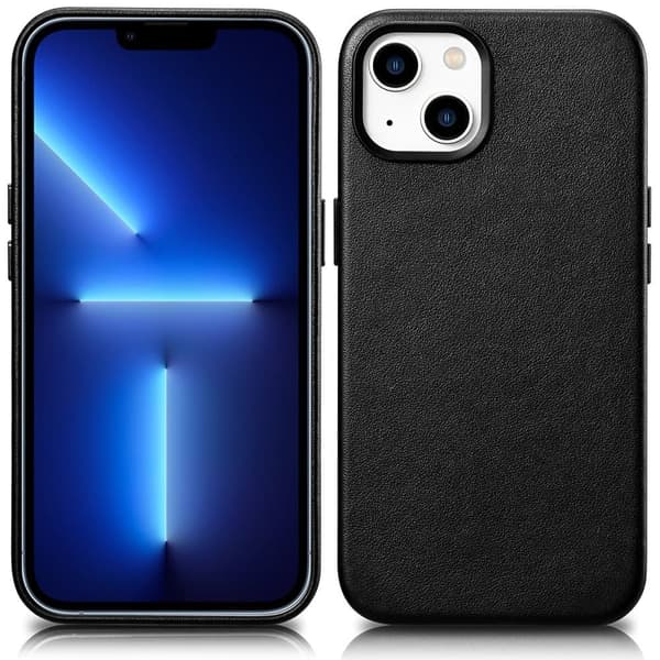iCarer Case Lærveske naturlig skinnveske til iPhone 14 Plus svart (kompatibel med MagSafe)