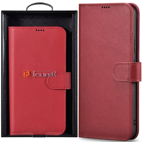 iCarer Haitang Leather Wallet Case Lærveske Samsung Galaxy S22+ (S22 Plus) Lommebokdeksel Rød (AKSM05RD)