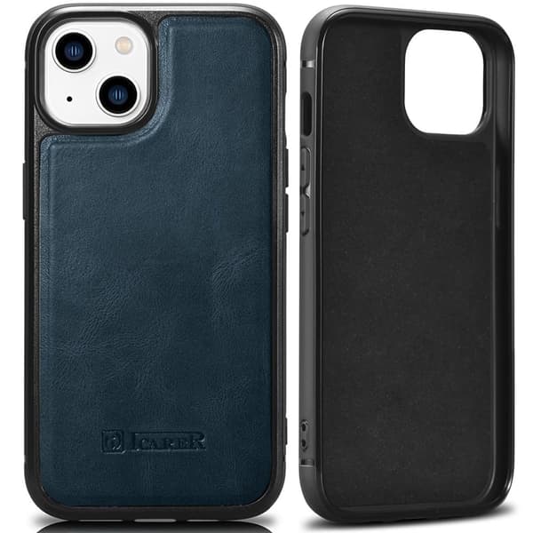 Ekte skinndekket iCarer skinnoljevoksdeksel til iPhone 14 (kompatibel med MagSafe) Blå (WMI14220717-BU)