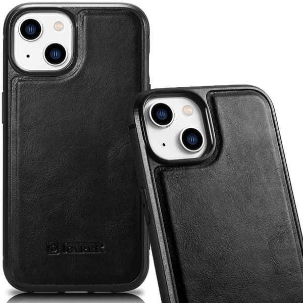 Ekte skinndekket iCarer Leather Oil Wax Case for iPhone 14 Plus (kompatibel med MagSafe) Svart (WMI14220719-BK)