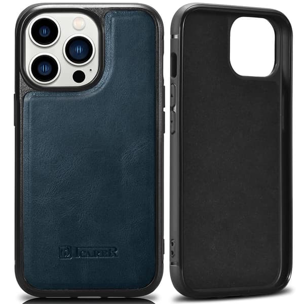 Ekte skinndekket iCarer skinnoljevoksdeksel til iPhone 14 Pro (kompatibel med MagSafe) Blå (WMI14220718-BU)