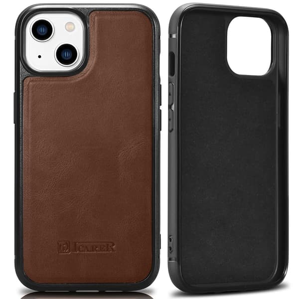 Ekte skinndekket iCarer skinnoljevoksdeksel for iPhone 14 Plus (kompatibel med MagSafe) Brun (WMI14220719-BN)