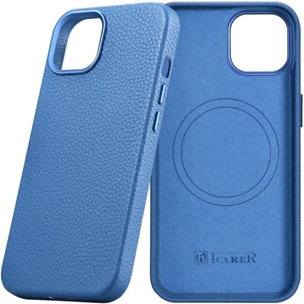 iCarer Litchi Premium Lærveske iPhone 14 Plus Magnetisk Lærveske MagSafe i lyseblått (WMI14220711-LB)