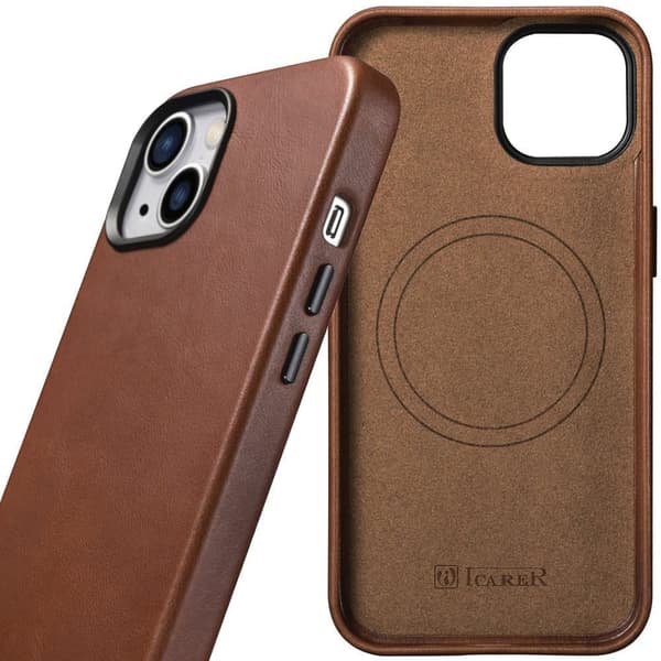 iCarer Oil Wax Premium Lærveske Magnetisk Lærveske for iPhone 14 Plus med MagSafe Brown (WMI14220703-RB)