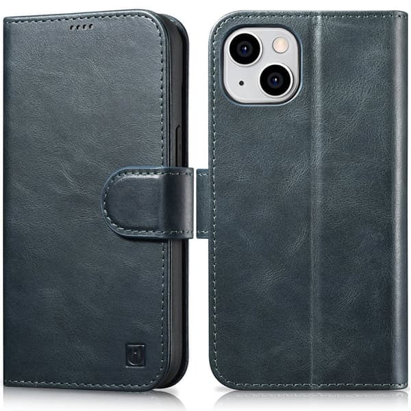 iCarer Oil Wax Lommebokveske 2-i-1 iPhone 14-deksel Leather Flip Anti-RFID Blå (WMI14220721-BU)