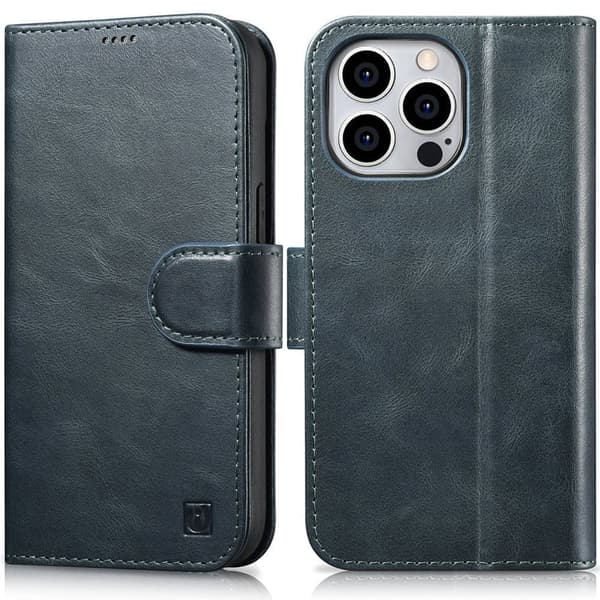 iCarer Oil Wax Wallet Case 2-in1 iPhone 14 Pro Case Leather Flip Anti-RFID Blue (WMI14220722-BU)