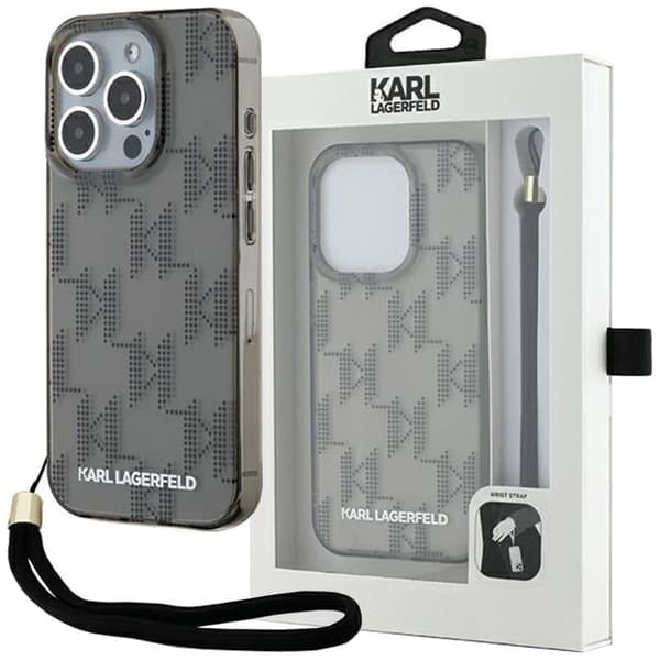 Karl Lagerfeld IML Mono KL Pattern & Cord beskyttelsesdeksel til iPhone 15 Pro - svart
