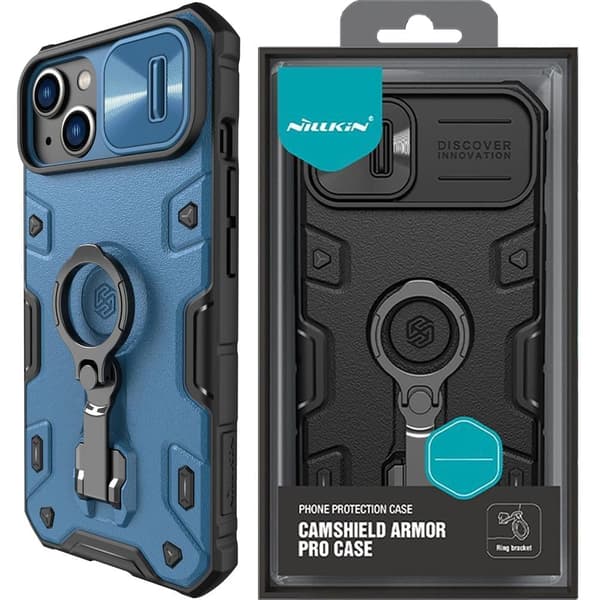 Nillkin CamShield Armor Pro Case iPhone 14 Plus pansret deksel med kameraringstativ, blå