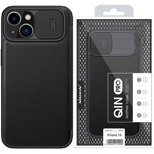 Nillkin Qin Leather Pro Case iPhone 14 Plus kameradeksel beskyttende veske, svart