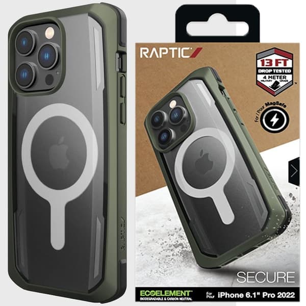 Raptic X-Doria Secure Case for iPhone 14 Pro med MagSafe pansret deksel i grønt