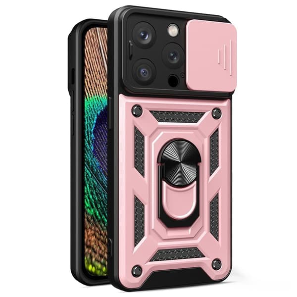 Pansret deksel med stativ og kameradeksel til iPhone 15 Pro Hybrid Armor Camshield - rosa