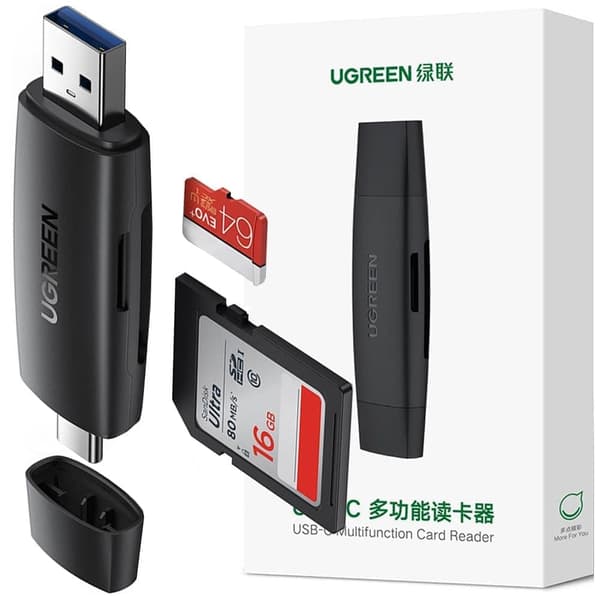 Ugrønn SD / micro SD-kortleseradapter (USB-A / USB-C) svart (CM304)