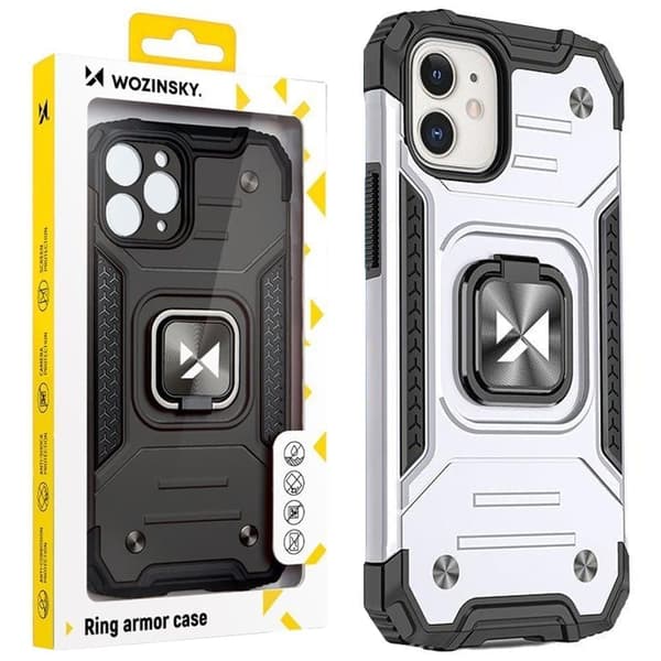 Wozinsky Ring Armor beskyttelsesdeksel til iPhone 14 pansret deksel magnetisk holder ring sølv