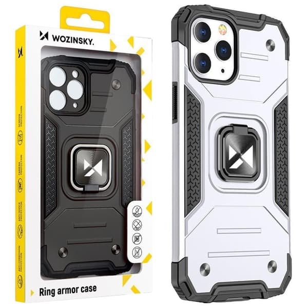 Wozinsky Ring Armor beskyttelsesdeksel til iPhone 14 Pro Max pansret deksel magnetisk holder ring sølv