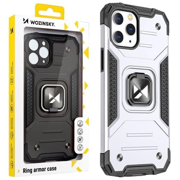 Wozinsky Ring Armor beskyttelsesdeksel til iPhone 14 Pro pansret deksel magnetisk holder ring sølv