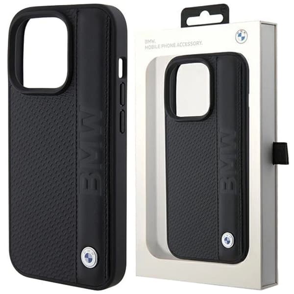 BMW Leather Textured & Stripe-deksel til iPhone 15 Pro - svart