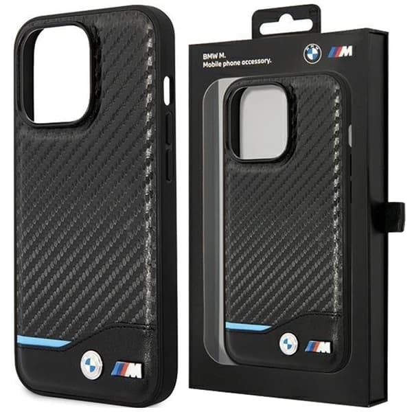 BMW Leather Carbon deksel til iPhone 15 Plus - svart